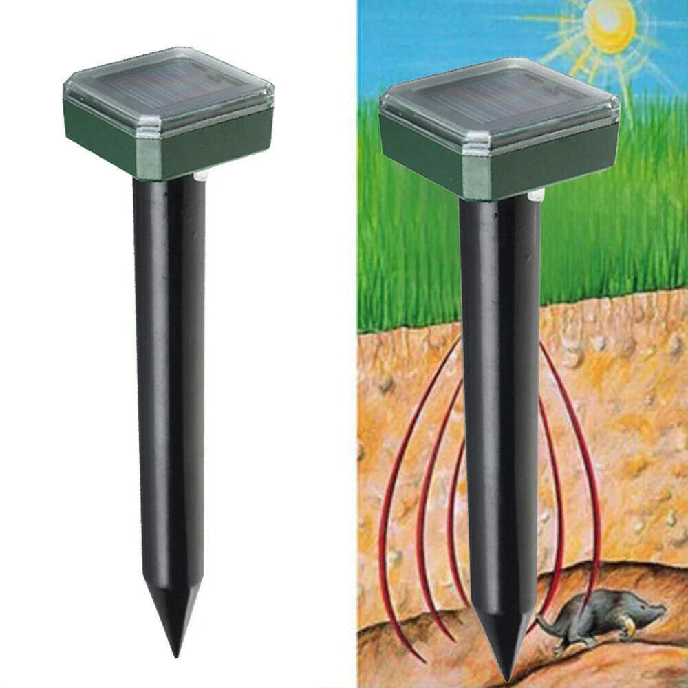 Solar-powered ultrasonic pest repeller with watertight design and 360-degree coverage to deter rodents and snakes in yard and garden