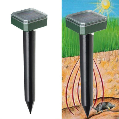 Solar-powered ultrasonic pest repeller with watertight design and 360-degree coverage to deter rodents and snakes in yard and garden