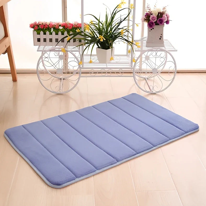 Memory foam bathroom carpet with coral fleece surface and non-slip latex backing in beige colour