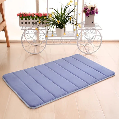 Memory foam bathroom carpet with coral fleece surface and non-slip latex backing in beige colour