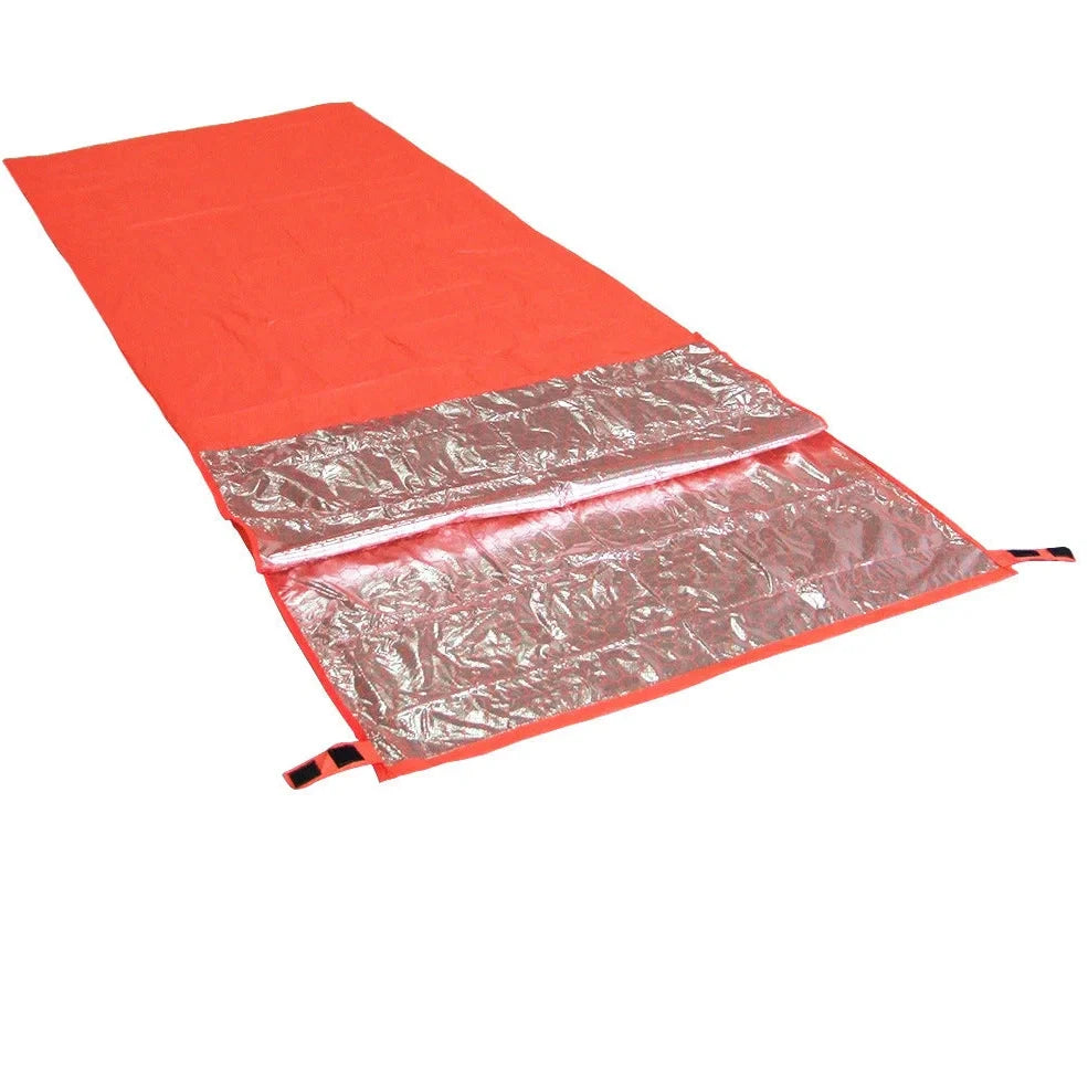 Orange outdoor sleeping bag with silver-coated nylon fabric for heat reflection during camping