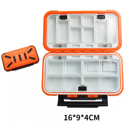 Double-layer spring fishing accessory box in army green, orange, black, and grey colors