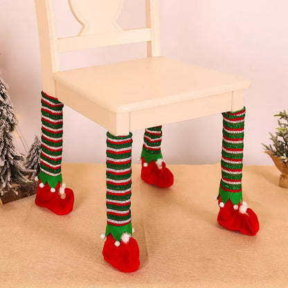 Christmas Striped Elf Table Leg Covers in red and green for festive holiday decor