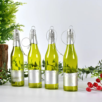 Glass Christmas pendants with 10cm donut and 13cm wine bottle designs in golden yellow and green colours