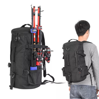 Black cylinder fishing tackle backpack with 23L capacity and versatile carry options