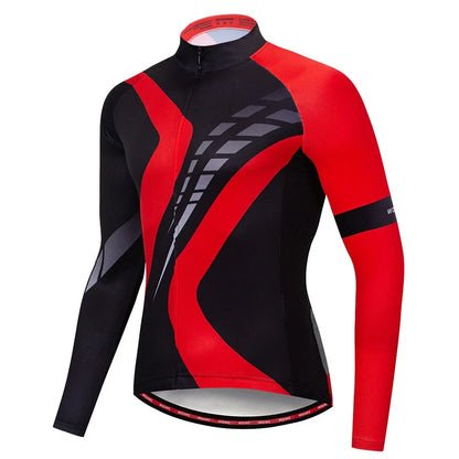 Long sleeve mountain bike cycling jersey in black white with breathable mesh underarms and reflective back for night rides, sizes S-XXL