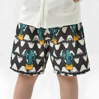Children's quick-dry swimming trunks with cactus pattern, elastic waistband, boxer-style design