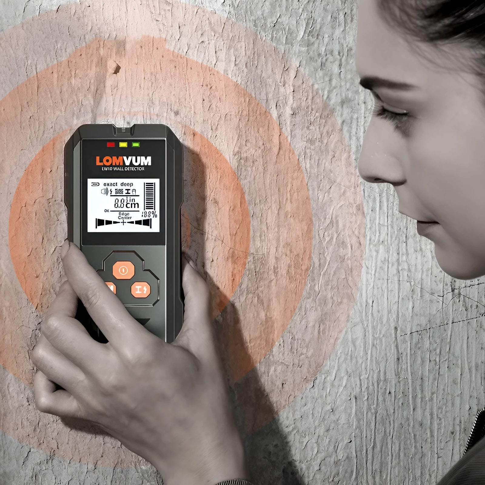 Handheld multifunctional wall detector for finding metal, wires, and wooden studs behind walls.