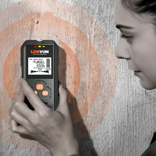 Handheld multifunctional wall detector for finding metal, wires, and wooden studs behind walls.