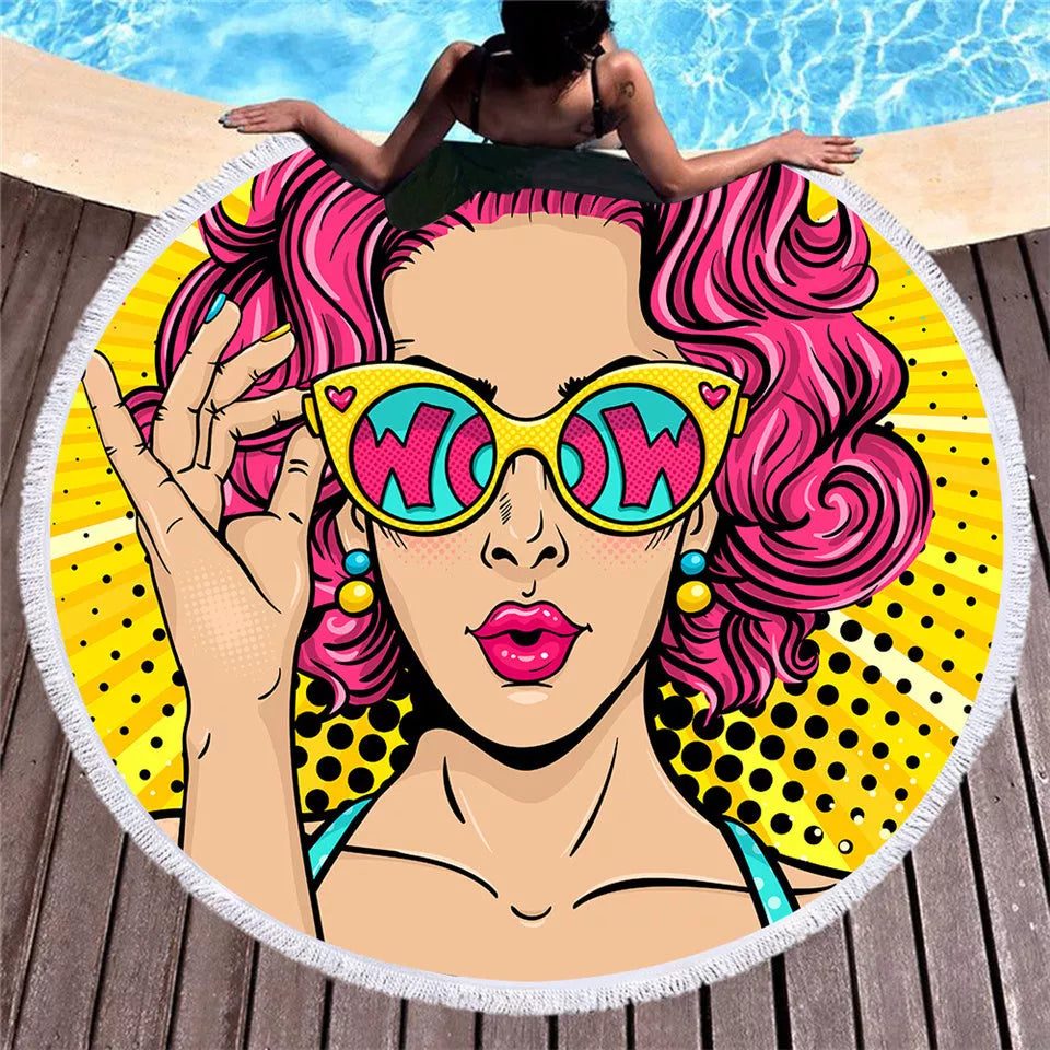 Retro round printed microfiber beach towel with vibrant design, 150cm×150cm