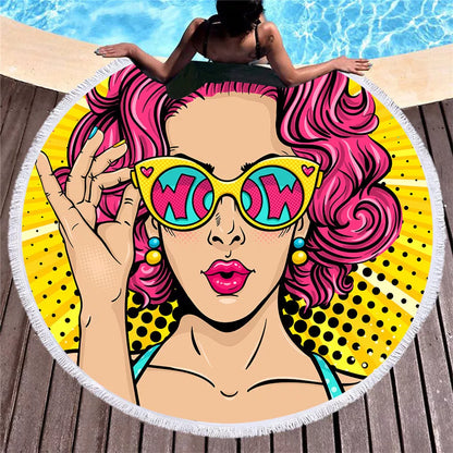 Retro round printed microfiber beach towel with vibrant design, 150cm×150cm