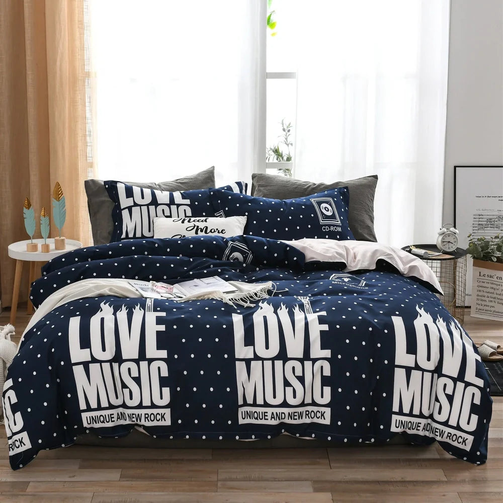 Cartoon pattern quilted bed linen set with reactive dye colours on UK-sized bedding