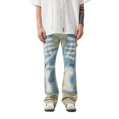 Yellow and blue patchwork splash-ink damaged design denim jeans with mid-waist cut and zip placket closure
