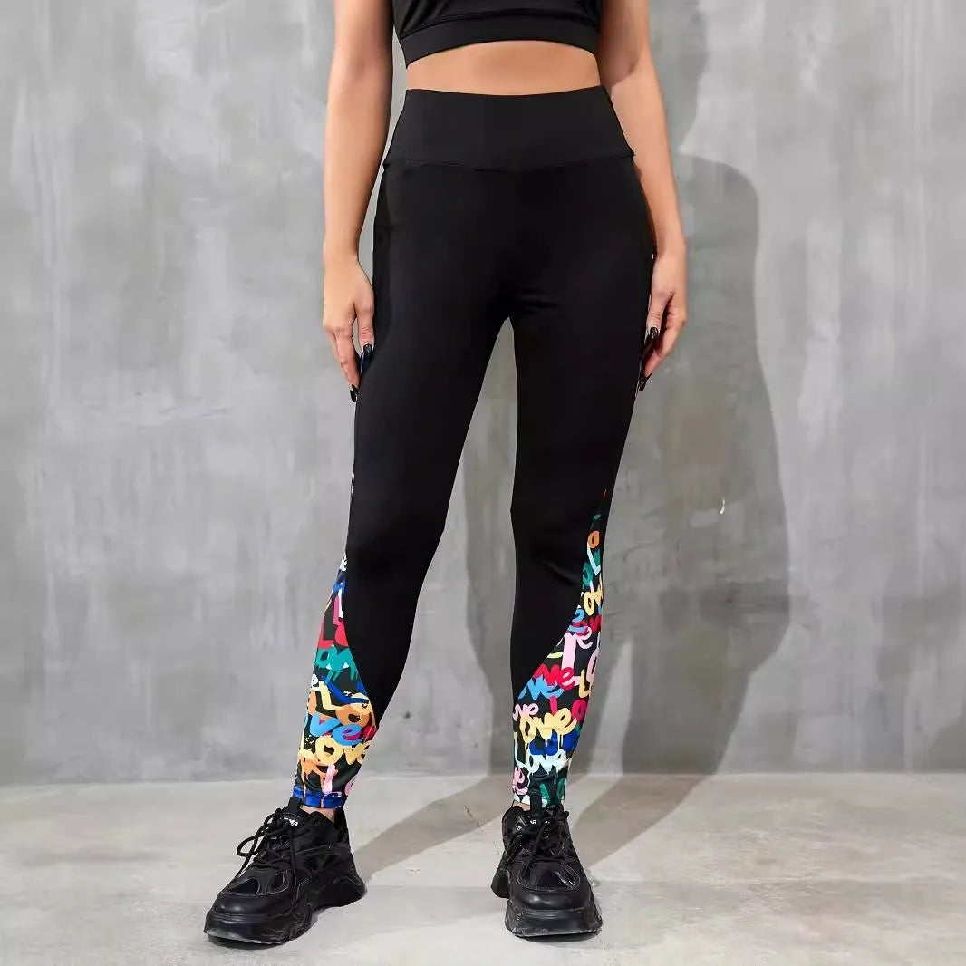 Women's polyester yoga leggings with high-waist design and contrast patchwork patterns in various animal print styles