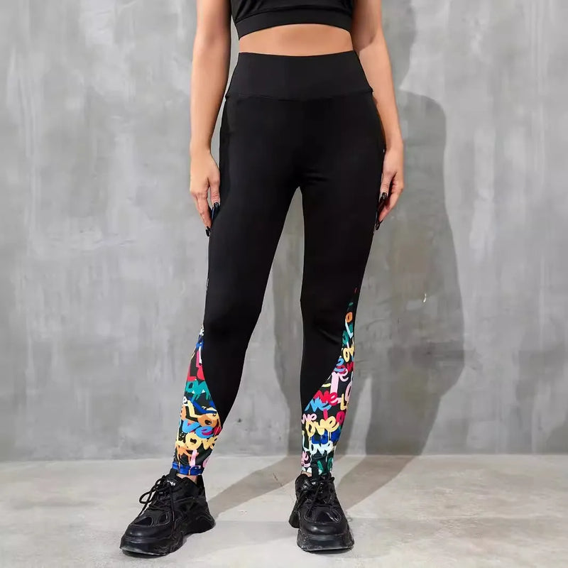 Women's Polyester Yoga Leggings with High-Waist Slim-Fit Design and Contrast Patchwork Patterns in Multiple Animal Print and Letter Styles for Fitness and Sport Wear in Sizes S to XL