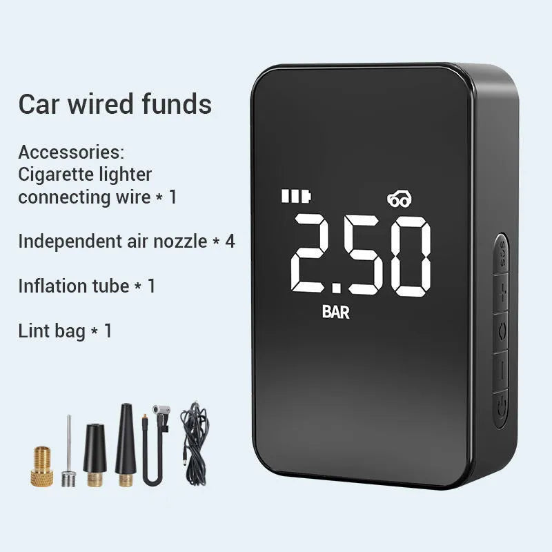 Wireless digital display tyre inflator pump showing pressure reading, with four air nozzles and flannelette storage bag