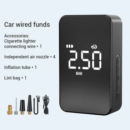 Wireless digital display tyre inflator pump showing pressure reading, with four air nozzles and flannelette storage bag