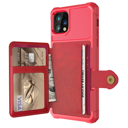 Imitation leather card wallet iPhone case back cover in black, blue, green, pink, or red.