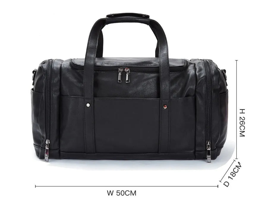 Black PU men's travel bag, 50cm wide and 26cm high, with phone, cigarette, and hidden zipper bags