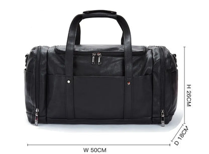 Black PU men's travel bag, 50cm wide and 26cm high, with phone, cigarette, and hidden zipper bags