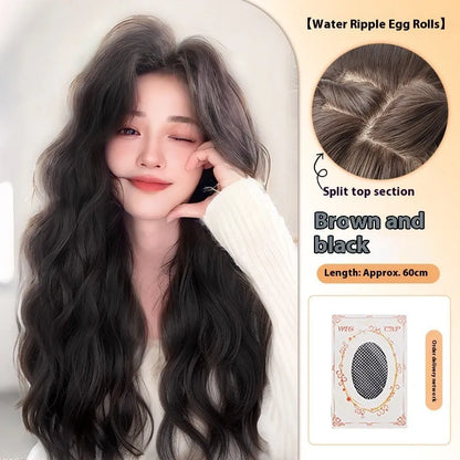 Full head synthetic wig with long curly brown hair and side bangs, made from high temperature fibre.