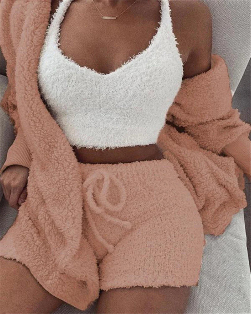 Cozy 3-Piece Women's Pajama Set with Long Sleeve Crop Top and Drawstring Shorts in various colors