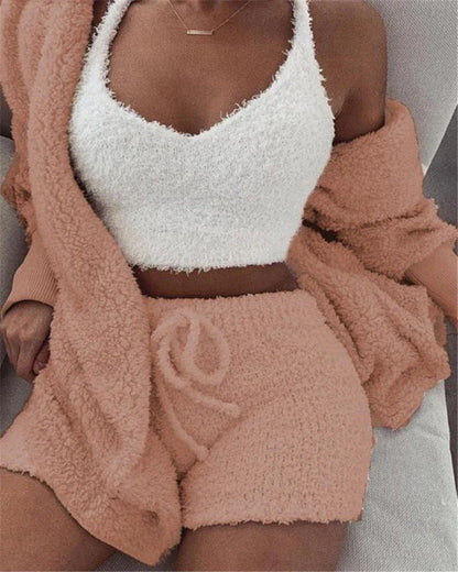 Cozy 3-Piece Women's Pajama Set with Long Sleeve Crop Top and Drawstring Shorts in various colors