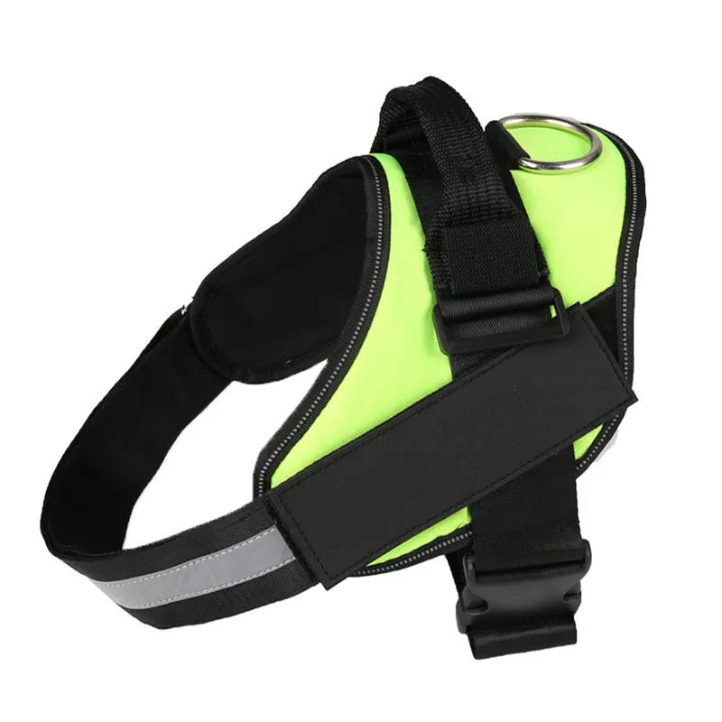 A reflective adjustable no-pull dog harness in nylon, shown on a dog, with a sturdy handle and D-ring for leash attachment.