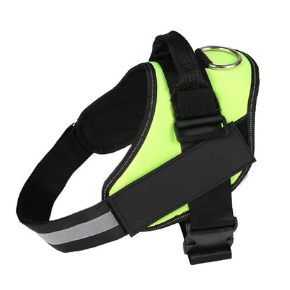 A reflective adjustable no-pull dog harness in nylon, shown on a dog, with a sturdy handle and D-ring for leash attachment.