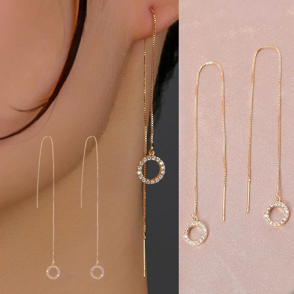 Gold Circle Long Tassel Ear Wire with sparkling zircon accents