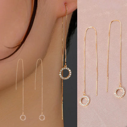Gold Circle Long Tassel Ear Wire with sparkling zircon accents