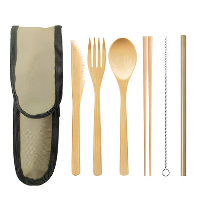 Bamboo cutlery set with 20cm utensils, stainless steel straw and cleaning brush in natural colour