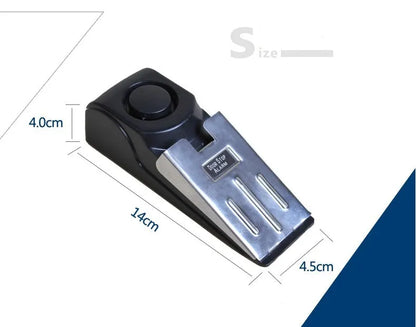 Portable wedge-shaped door stop alarm unit with stainless steel cover and sensitivity controls.