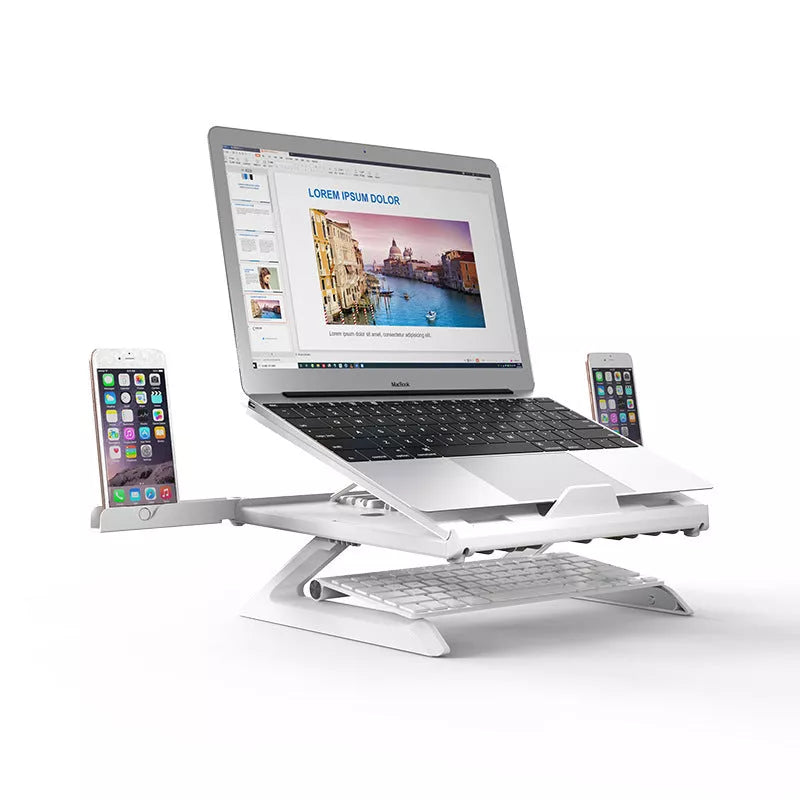 Adjustable aluminum alloy laptop stand with cooling feature and phone holders