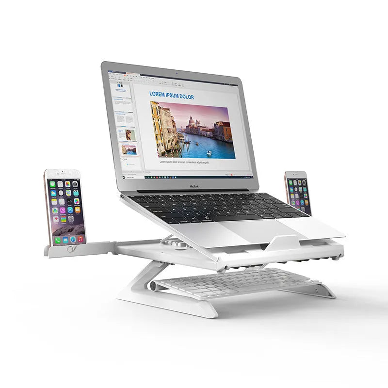 Foldable aluminium laptop stand in black or white, 280 x 280 x 25.5mm, with 9 adjustable angles and cooling slot.