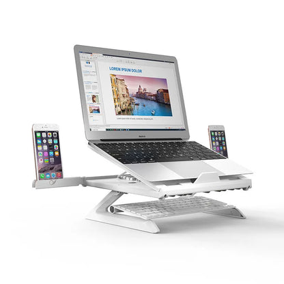 Foldable aluminium laptop stand in black or white, 280 x 280 x 25.5mm, with 9 adjustable angles and cooling slot.