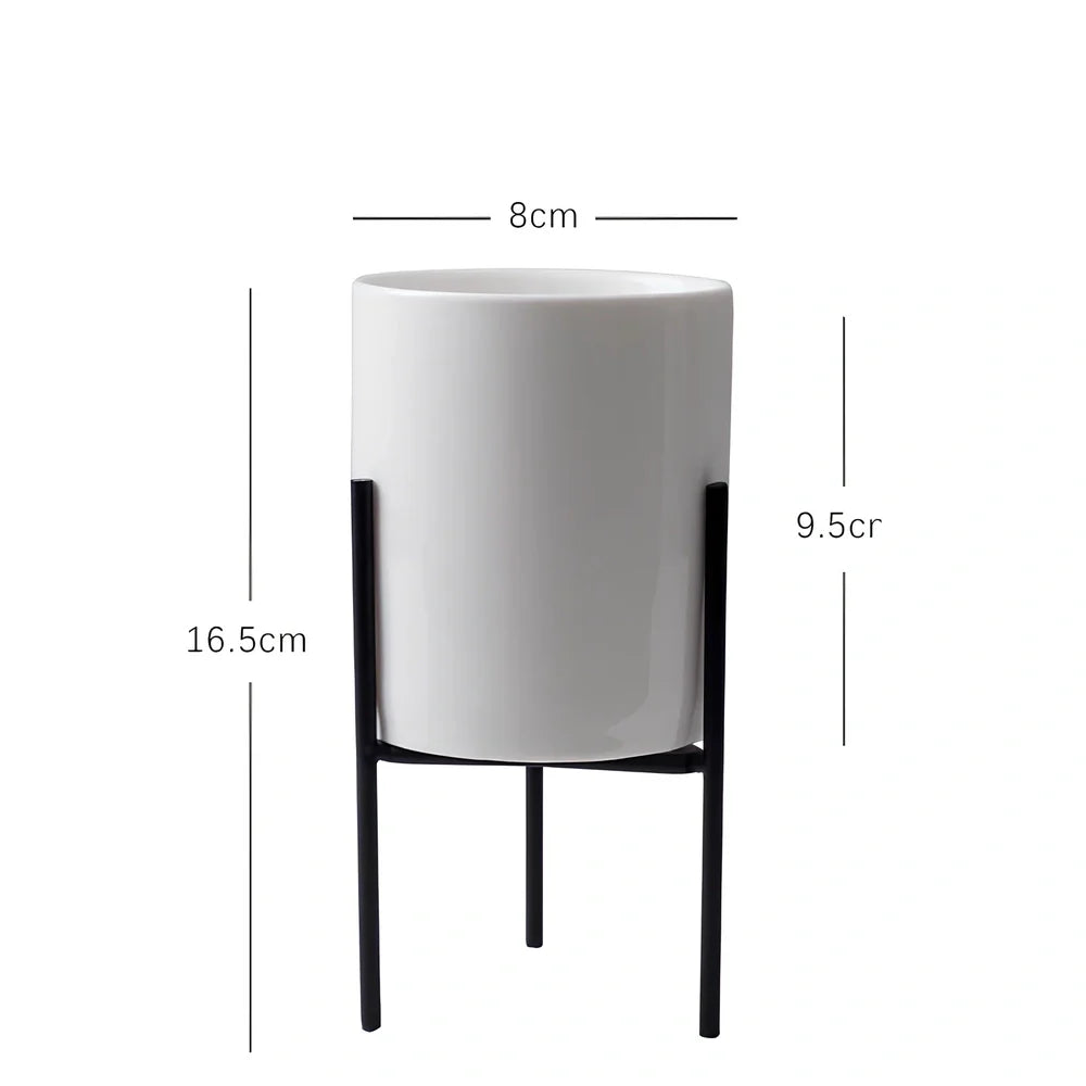 Black iron frame succulent flowerpot with white ceramic insert showing 12.5cm and 16.5cm size options