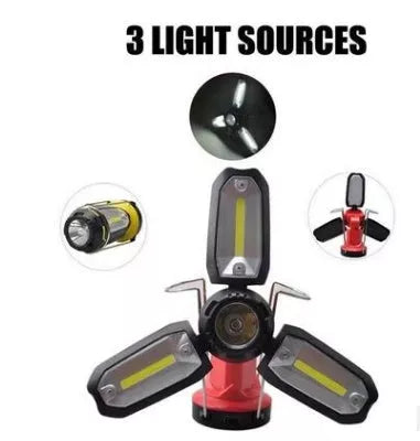 Multi-function LED tool light with COB flashlight and USB charging in red and yellow