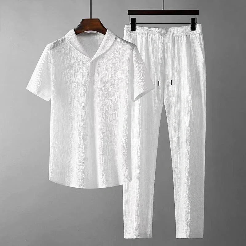 Men's summer leisure suit with loose-fit short sleeve top and drawstring trousers
