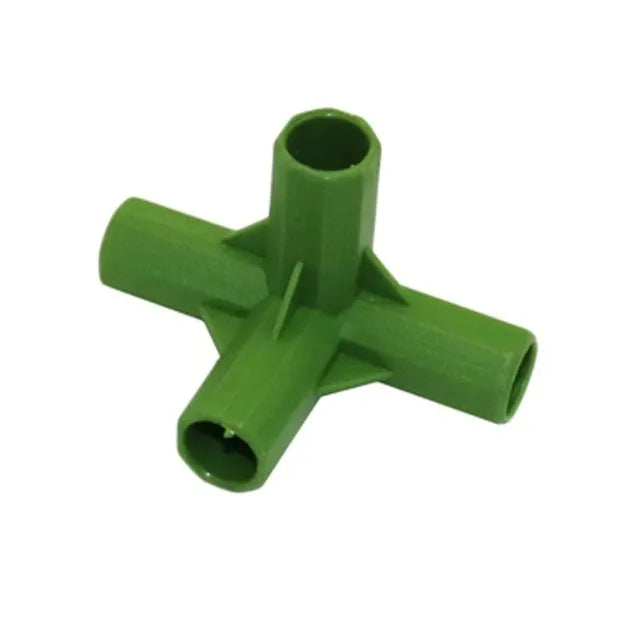 Two white PP plastic 3-way and 4-way plant support connector joints for 11mm garden stakes.