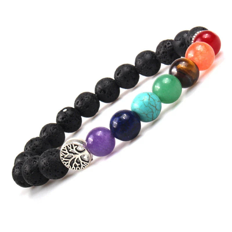Handcrafted black lava beaded bracelet with seven chakra stones for healing and balance