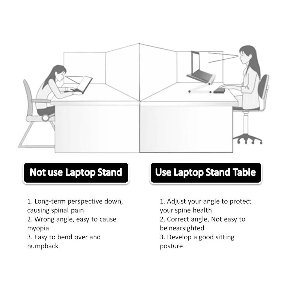 Adjustable foldable laptop stand in black and white, with 360-degree rotation and height adjustment