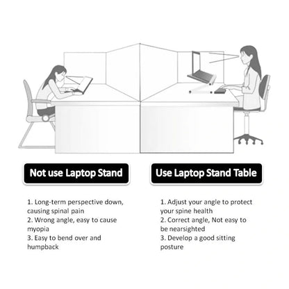 Adjustable foldable laptop stand in black and white, with 360-degree rotation and height adjustment