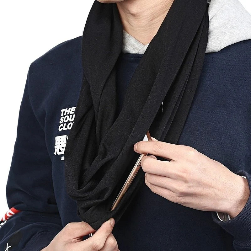 Versatile zipper infinity scarf with hidden pocket, made of soft polyester fabric in classic colors like black, gray, and white.