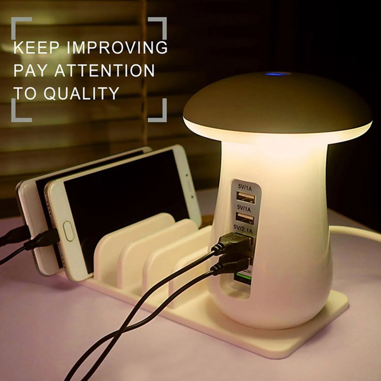 Besegad white mushroom-shaped USB charging dock station with five ports and a built-in LED light on a wooden desk.