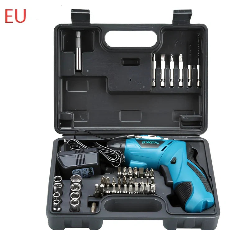 Blue 4.8V electric screwdriver with rotating handle and battery indicator light