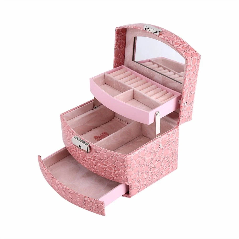 3-layer leather jewelry box with mirror for makeup and accessory organization