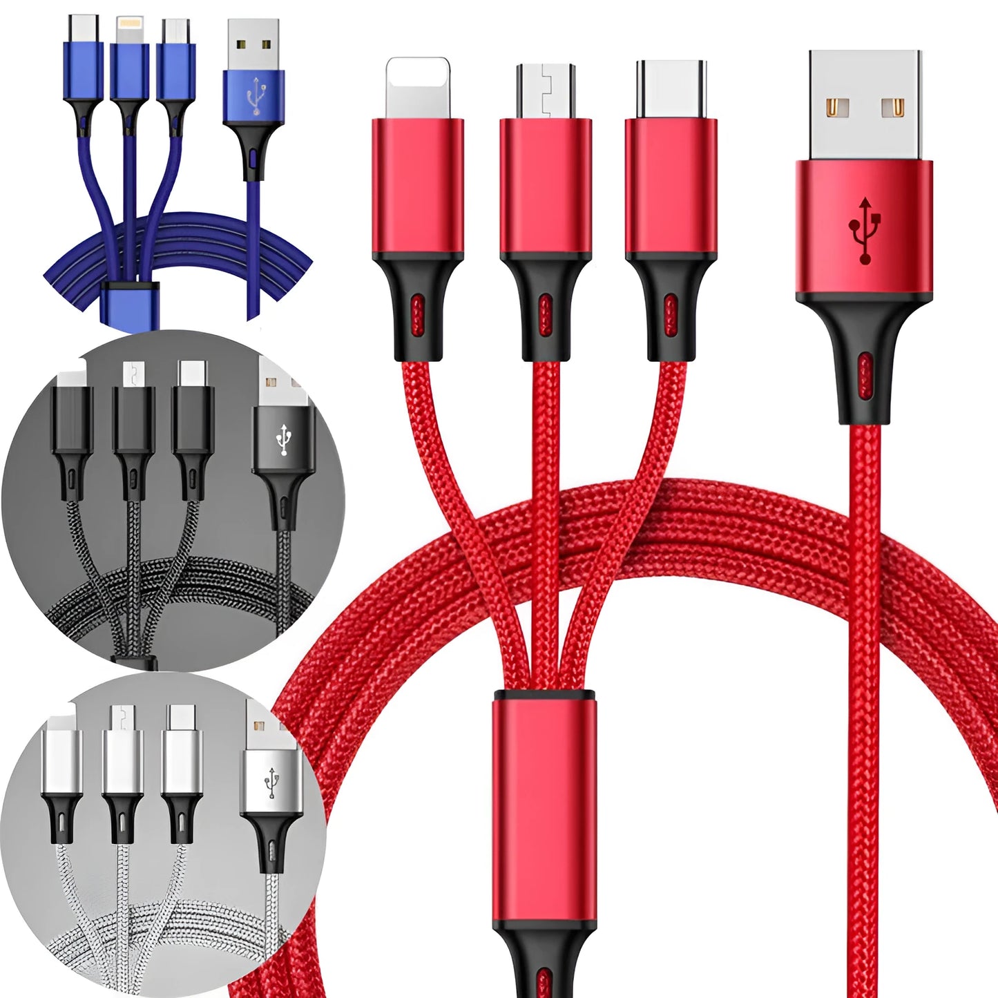 Red 3-in-1 braided charging cable with iPhone, Android and Type-C connectors shown at 1.25 metre length