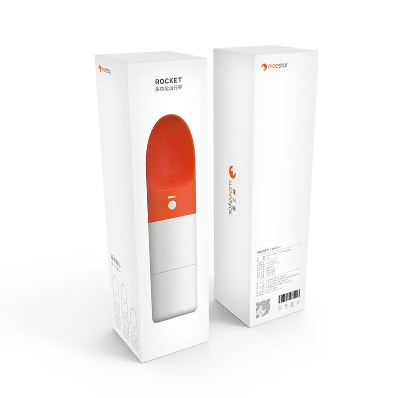 White and grey rocket-shaped pet water bottle with drinking outlet and lock button