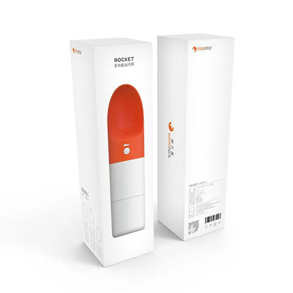 White and grey rocket-shaped pet water bottle with drinking outlet and lock button